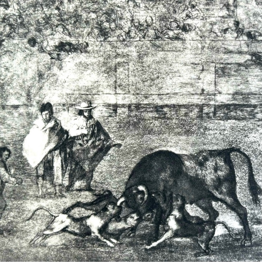 DOGS, BULL, BULLRING Original Vintage Fine Art GOYA Spain Print 1960’s Printed